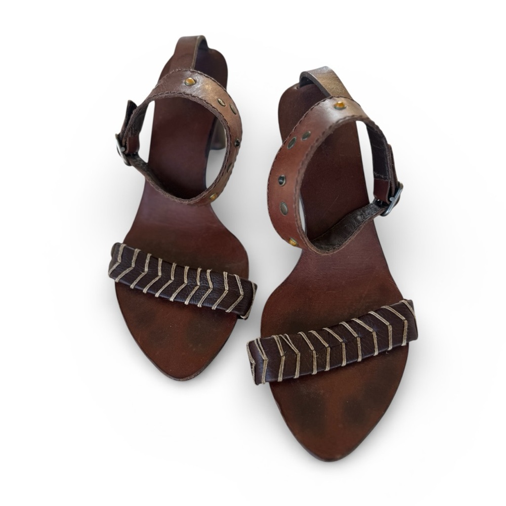HENRY BEGUELIN Vintage Brown Leather Ankle-Strap Mini Platform Heels Size 37